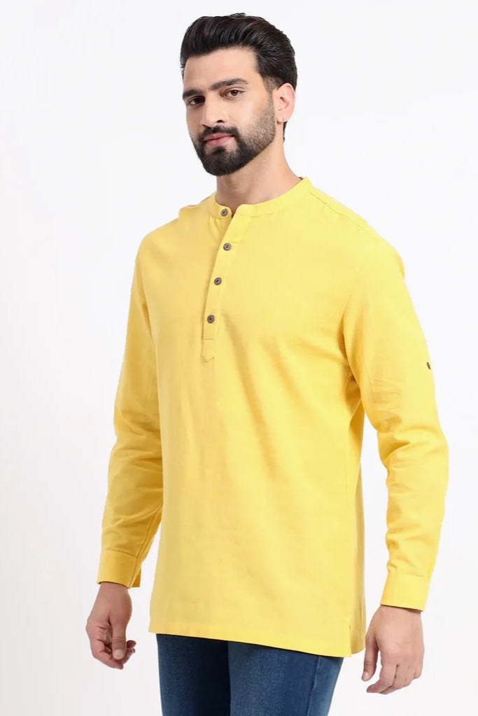 Yellow Airy Linen Short Kurtas for Men