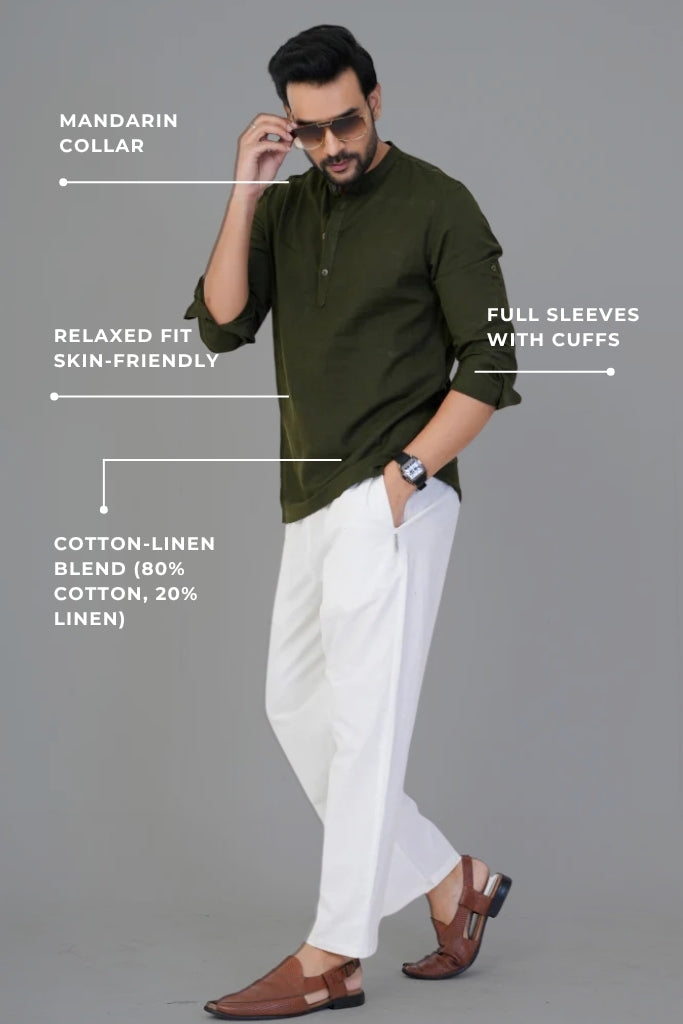 Olive Airy Linen Short Kurtas for Men