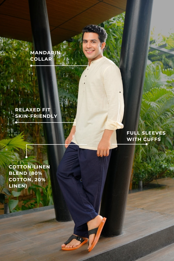 Ecru Airy Linen Short Kurtas for Men