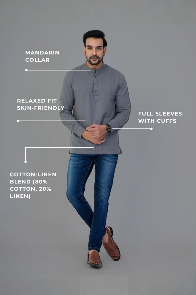 Grey Airy Linen Short Kurtas for Men