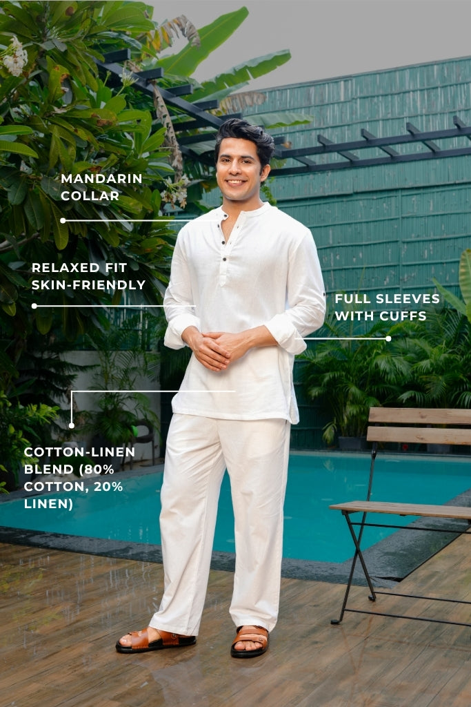 White Airy Linen Short Kurtas for Men