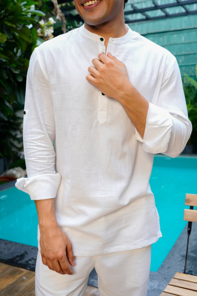 White Airy Linen Short Kurtas for Men