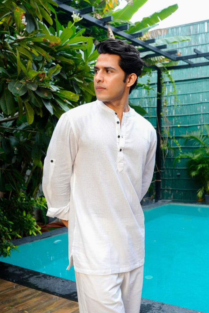 White Airy Linen Short Kurtas for Men