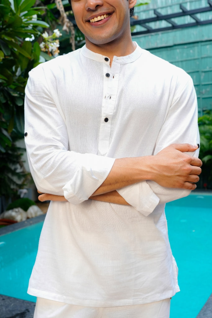 White Airy Linen Short Kurtas for Men