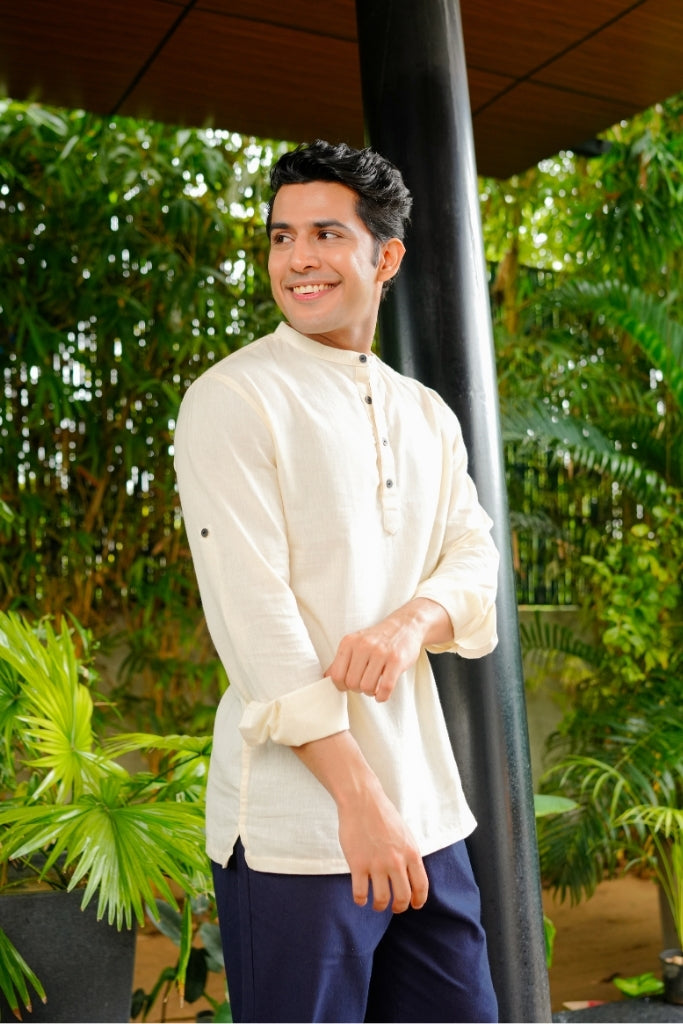 Ecru Airy Linen Short Kurtas for Men
