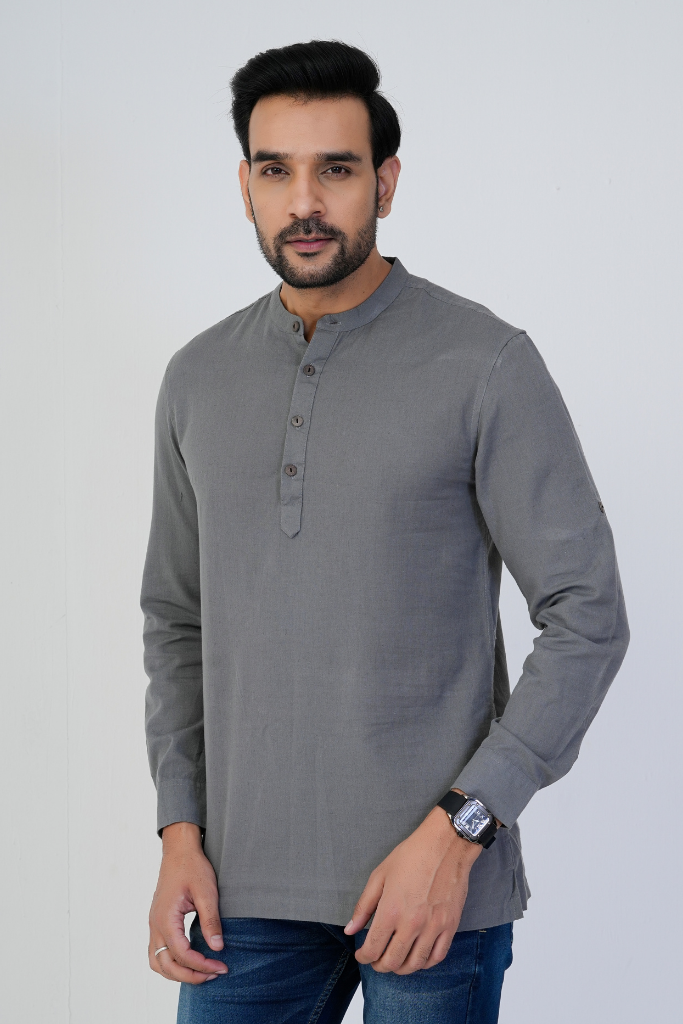 Grey Airy Linen Short Kurtas for Men