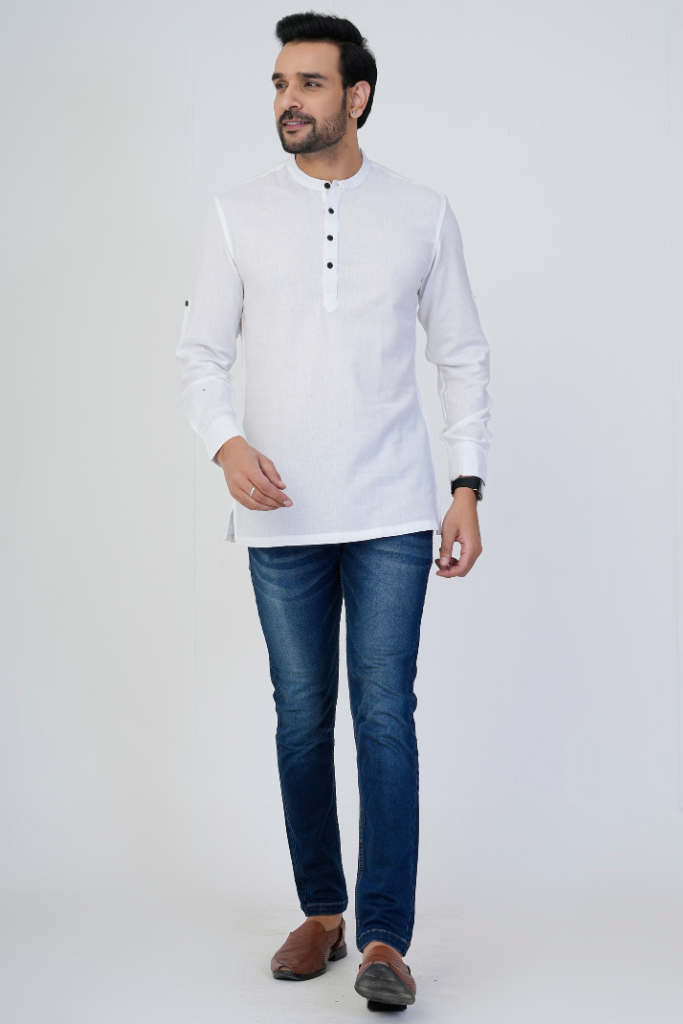 White Airy Linen Short Kurtas for Men