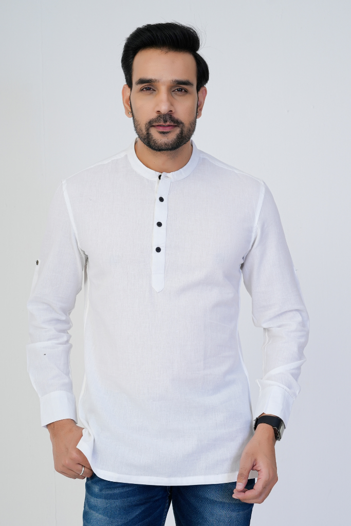 White Airy Linen Short Kurtas for Men