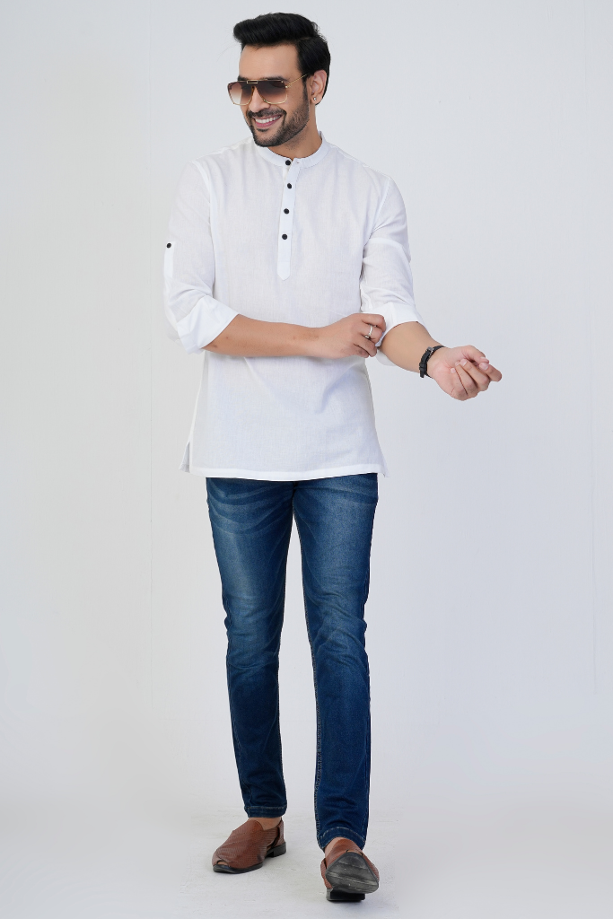 White Airy Linen Short Kurtas for Men