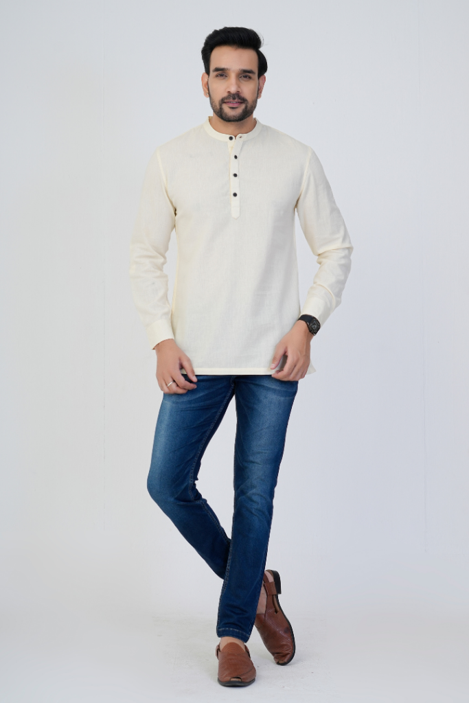 Ecru Airy Linen Short Kurtas for Men