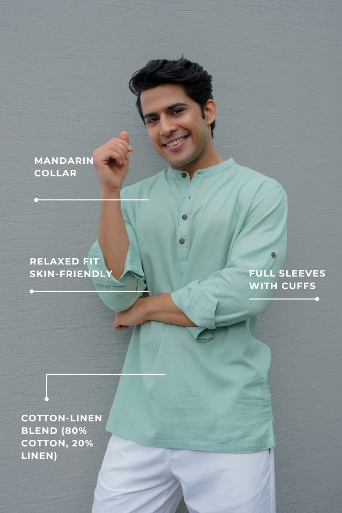 Mint Green Airy Linen Short Kurtas for Men