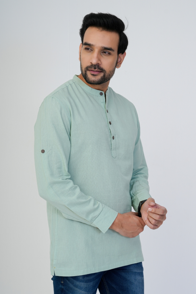 Mint Green Airy Linen Short Kurtas for Men