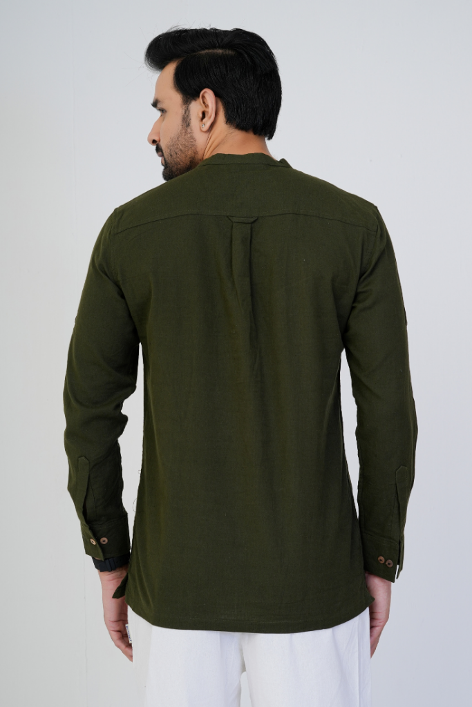 Olive Airy Linen Short Kurtas for Men