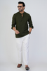 Olive Airy Linen Short Kurtas for Men