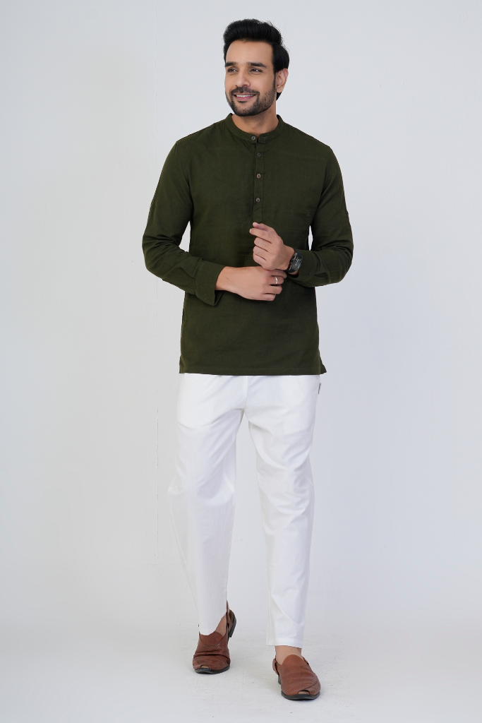 Olive Airy Linen Short Kurtas for Men