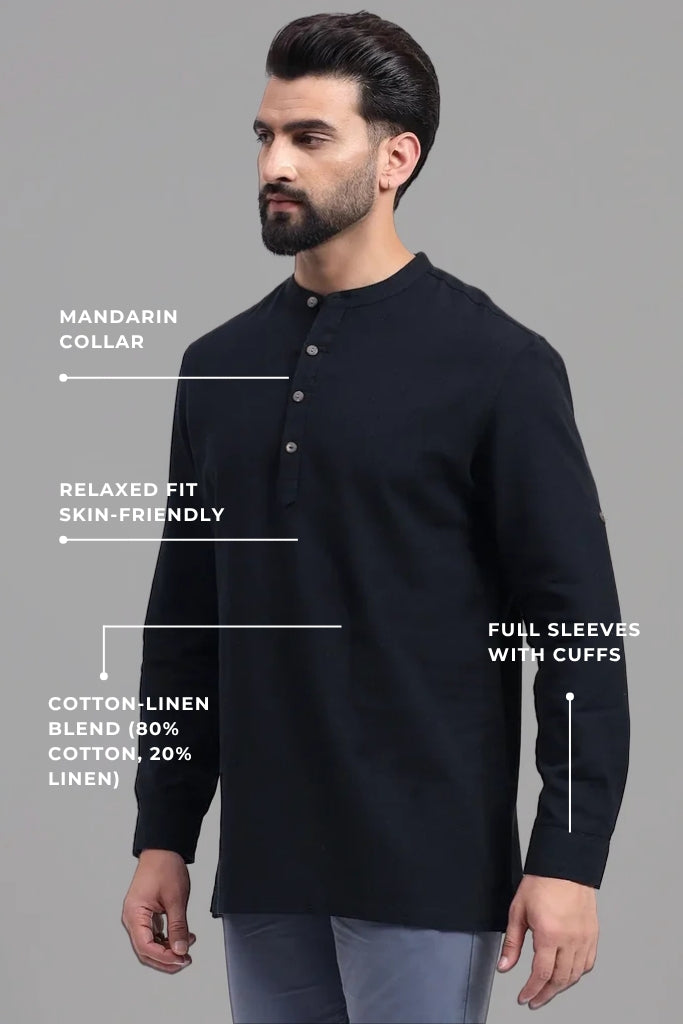 Black Airy Linen Short Kurtas for Men