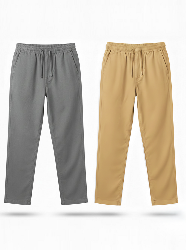 Grey and Khaki Loose Fit Cotton Pants Combo