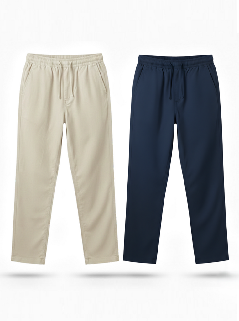 Beige and Navy Blue Loose Fit Cotton Pants Combo