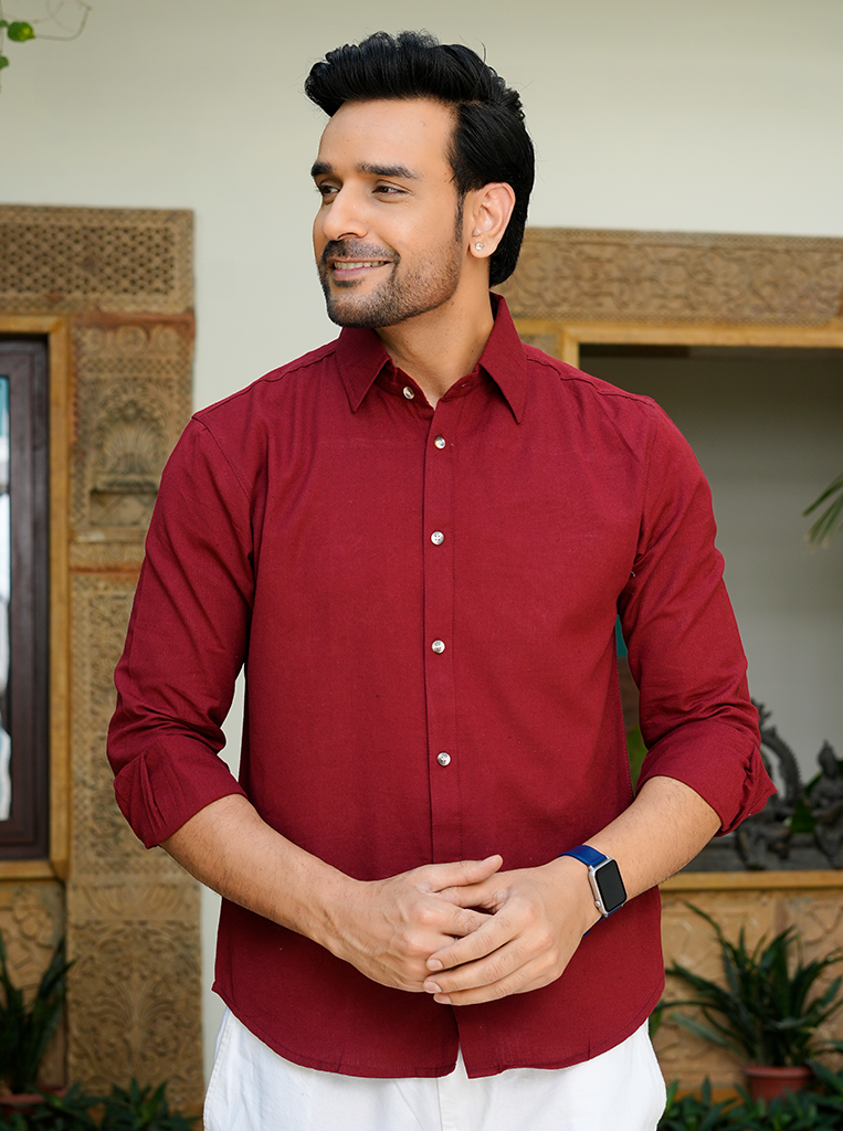 Deep-Red Airy Linen Shirts for Men
