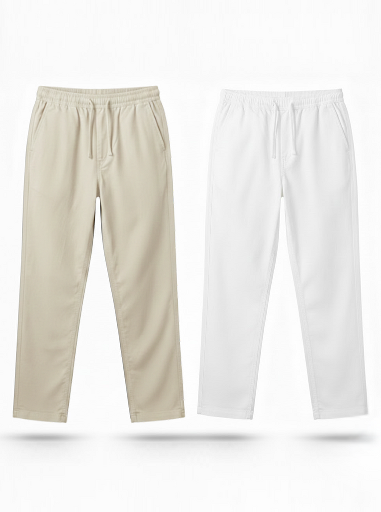White and Beige Loose Fit Cotton Pants Combo