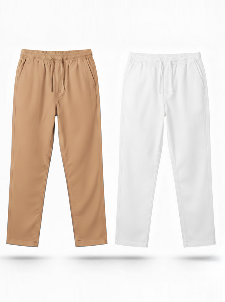 White and Khaki Loose Fit Cotton Pants Combo