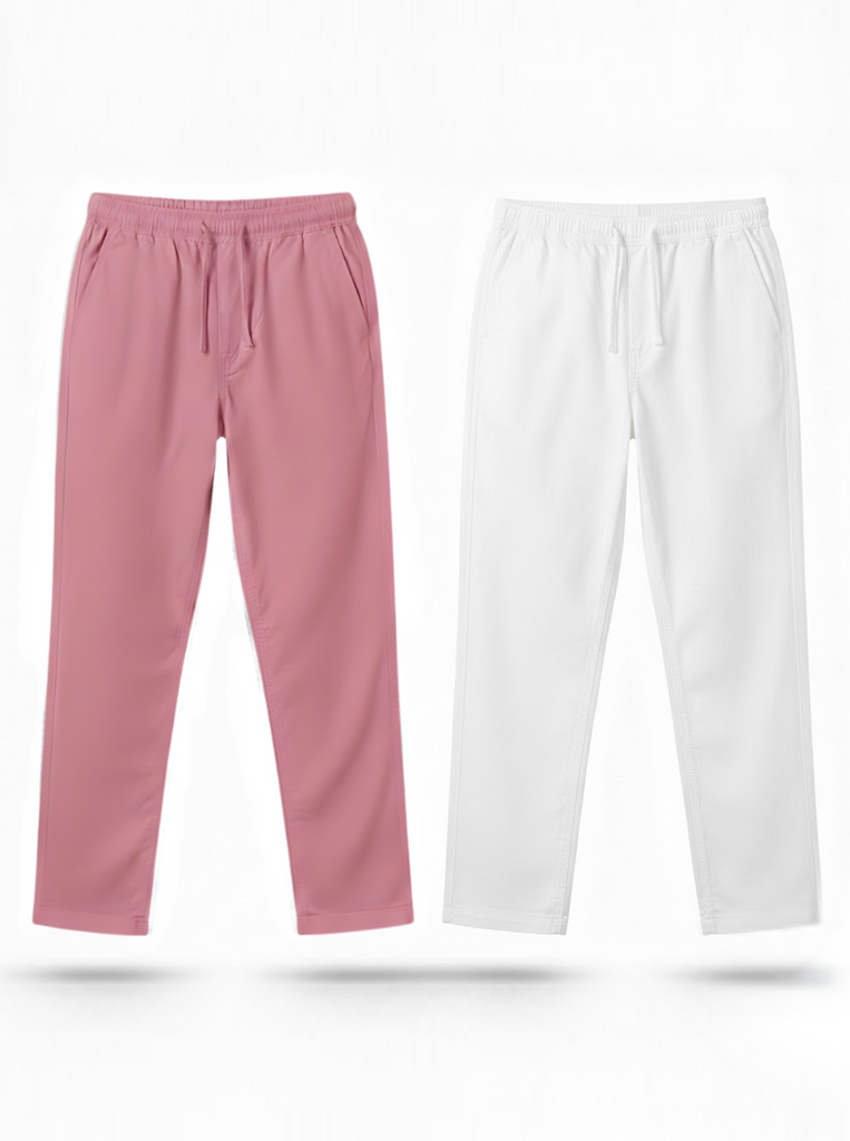 White and Rose Taupe Loose Fit Cotton Pants Combo