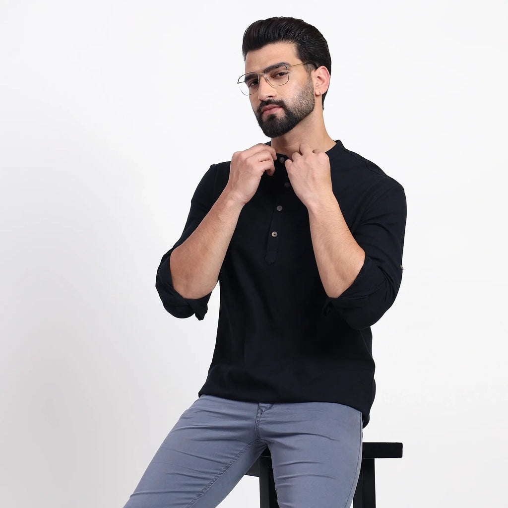 Black Airy Linen Short Kurtas for Men