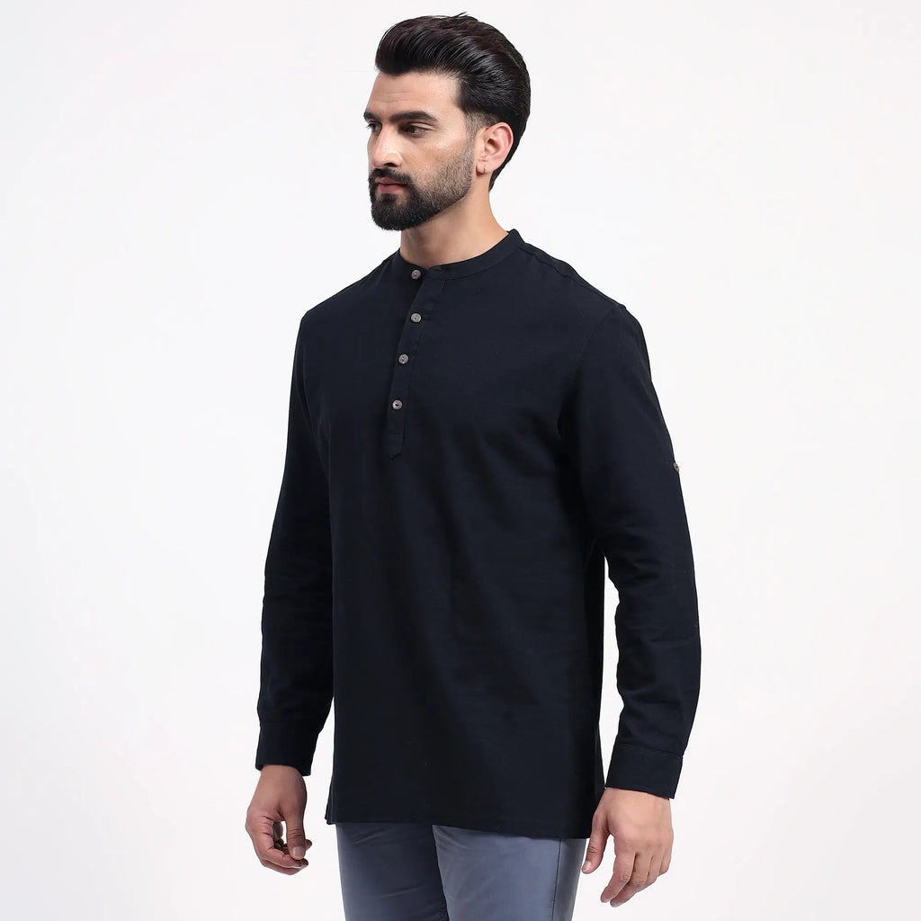 Black Airy Linen Short Kurtas for Men