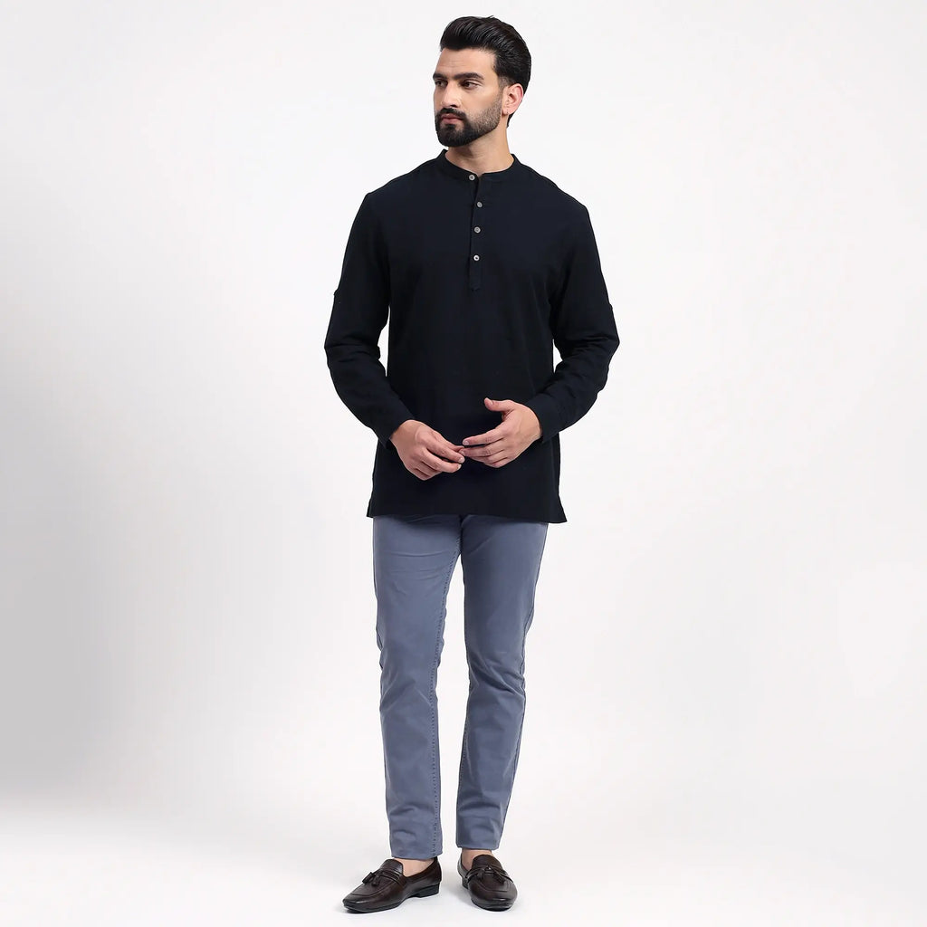 Black Airy Linen Short Kurtas for Men