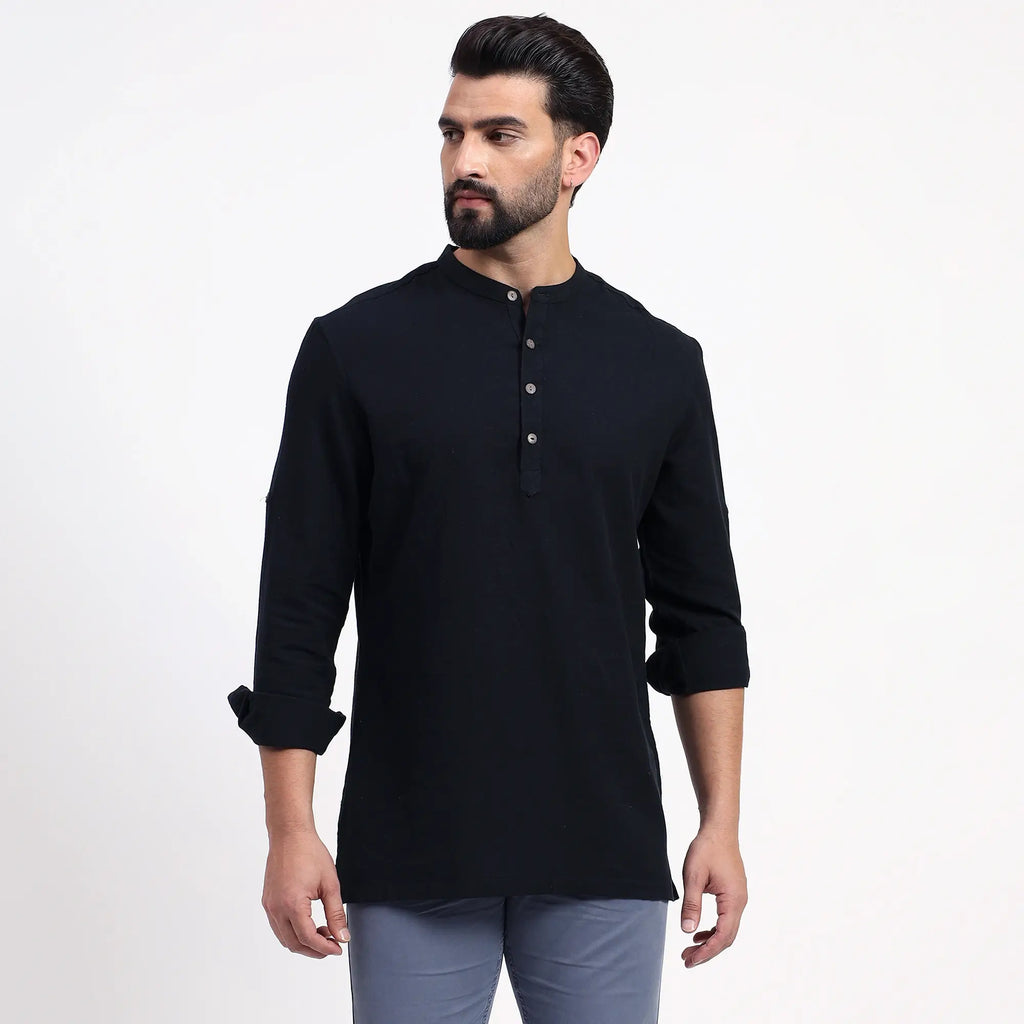Black Airy Linen Short Kurtas for Men