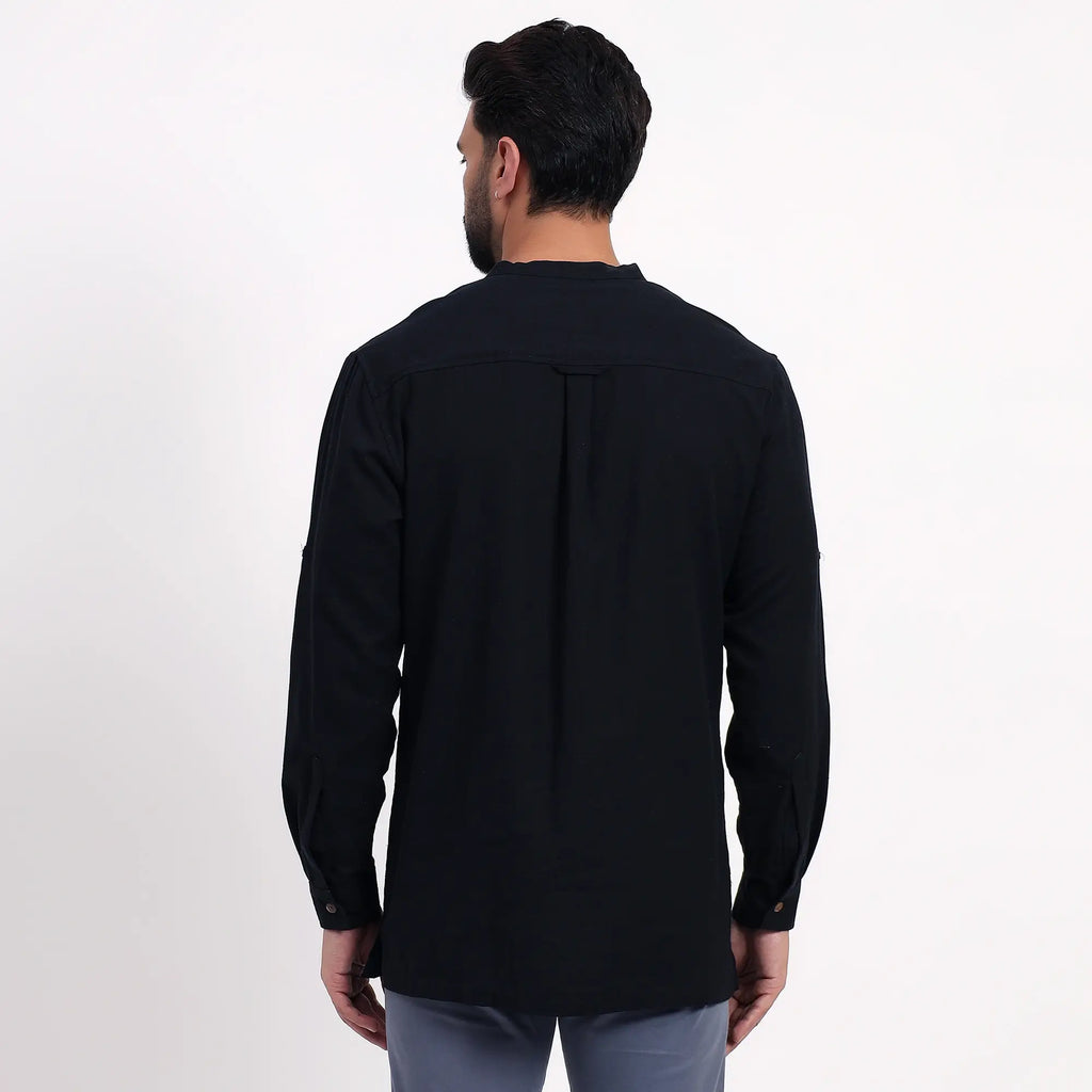 Black Airy Linen Short Kurtas for Men