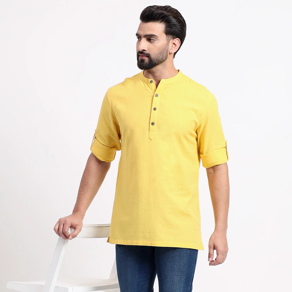Yellow Airy Linen Short Kurtas for Men