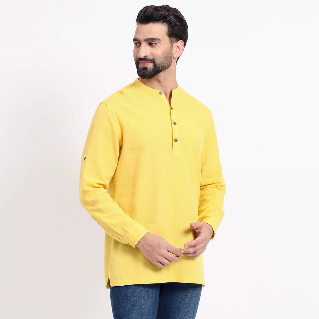 Yellow Airy Linen Short Kurtas for Men