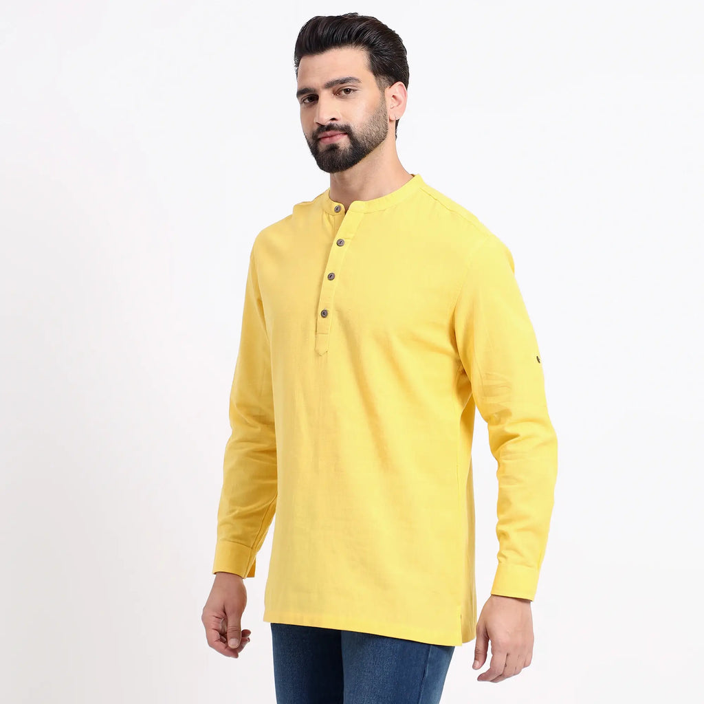 Yellow Airy Linen Short Kurtas for Men