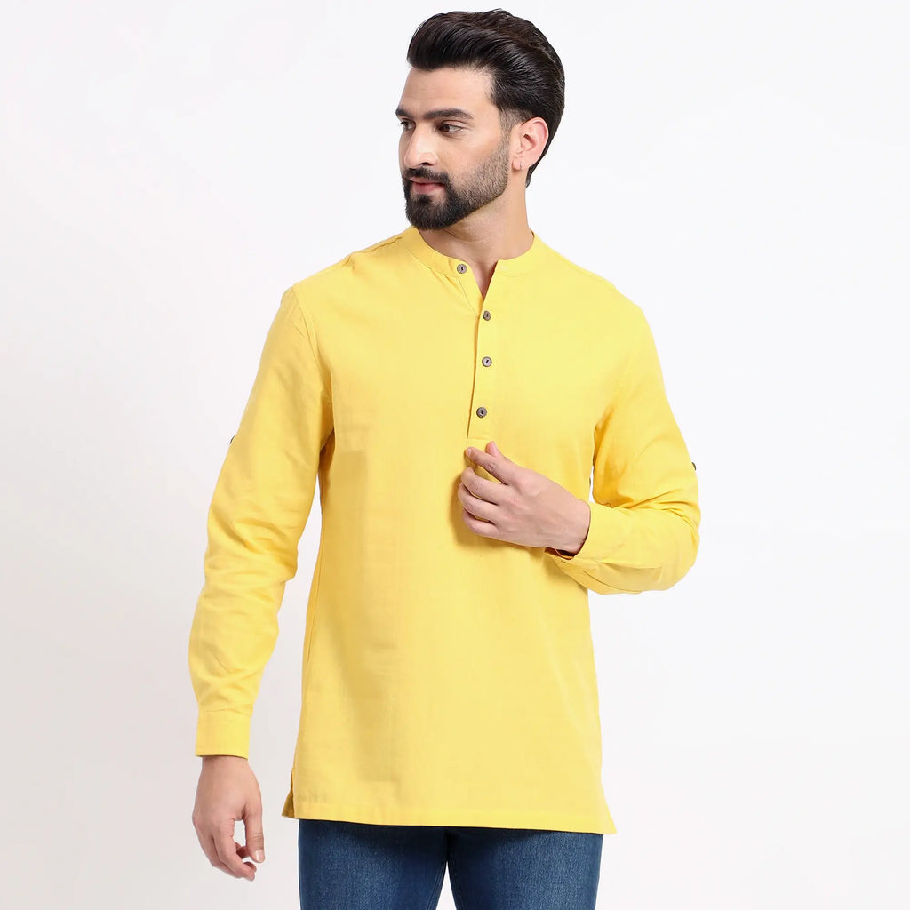 Yellow Airy Linen Short Kurtas for Men