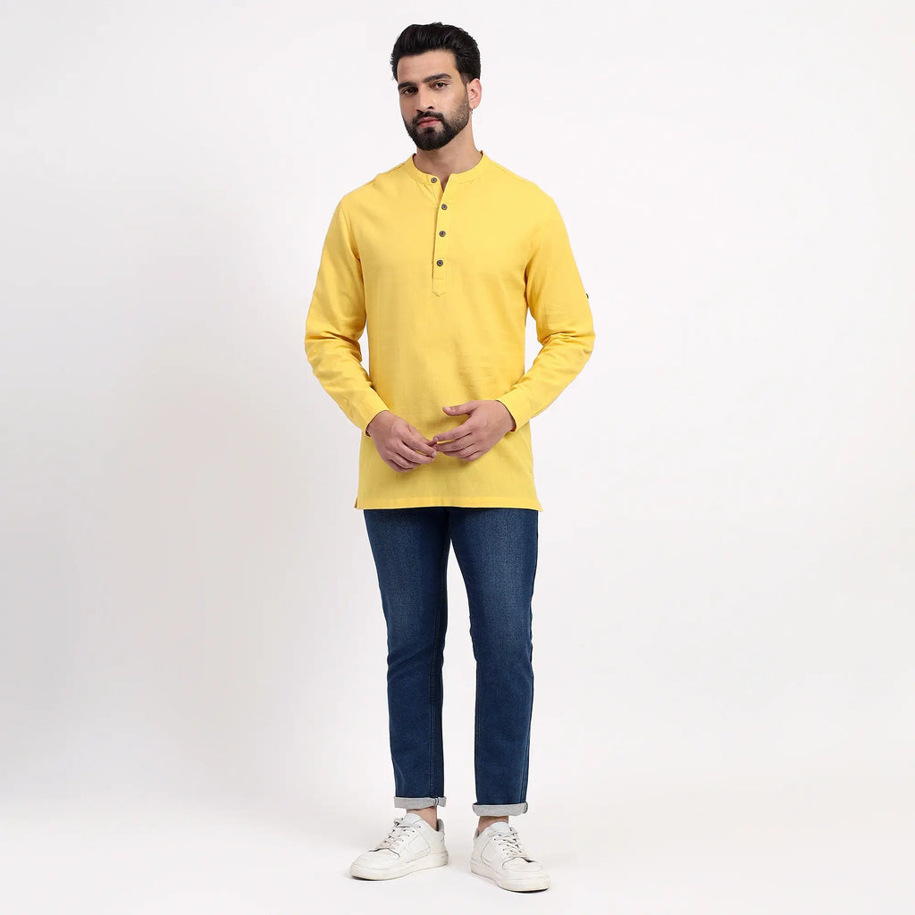Yellow Airy Linen Short Kurtas for Men