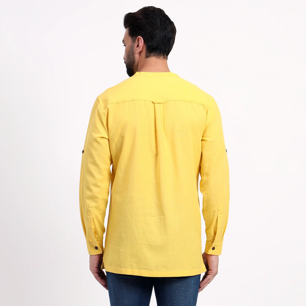 Yellow Airy Linen Short Kurtas for Men